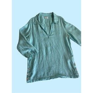 Sigrid Olsen Popover Tunic Top Shirt Blue Collared 100% Linen coastal lagenlook